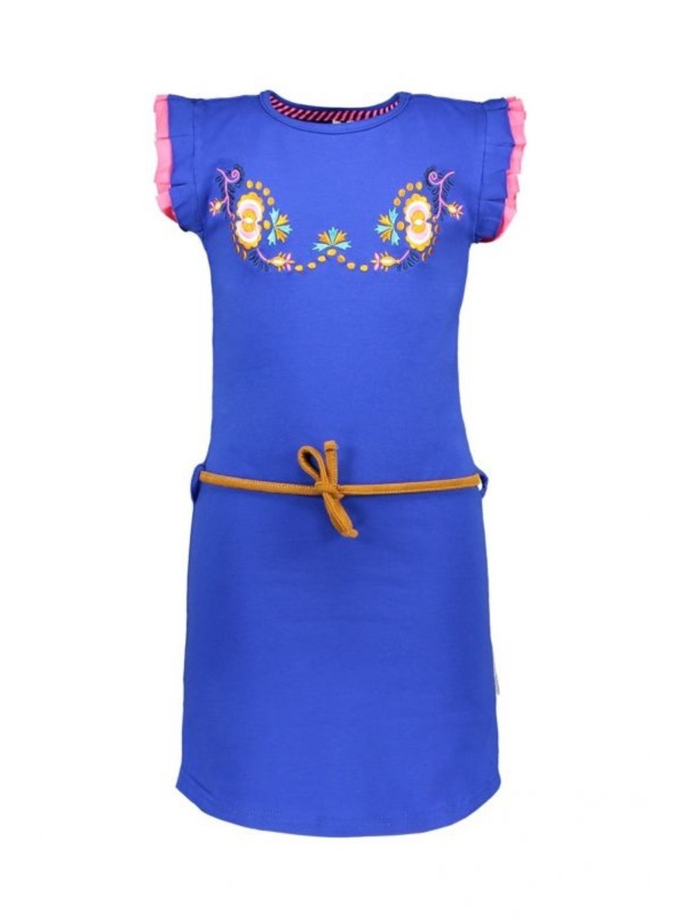 Girls Blue Embroidered Flutter-Sleeve Casual Dress with Belt